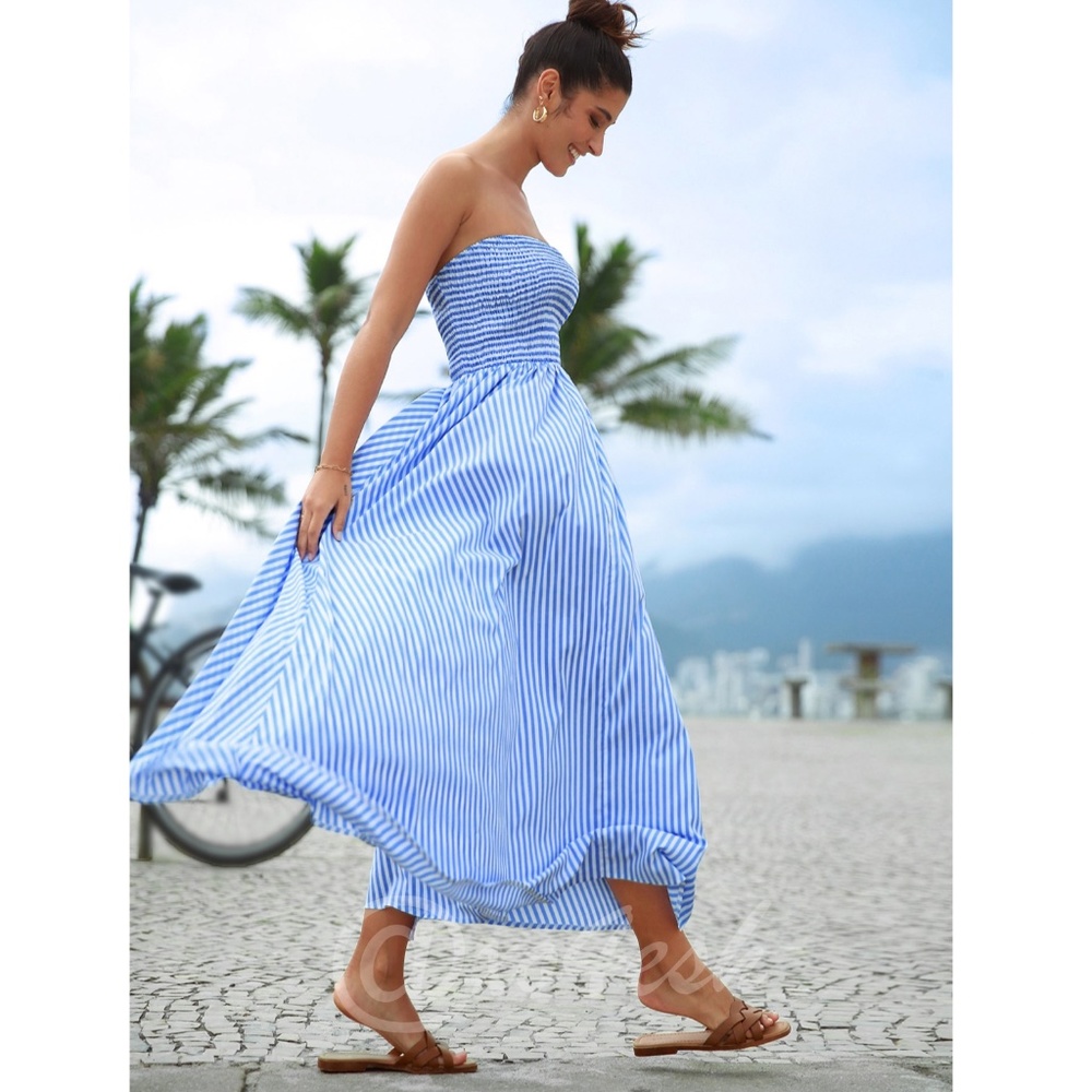 Striped Blue White Maxi Dress Strapless